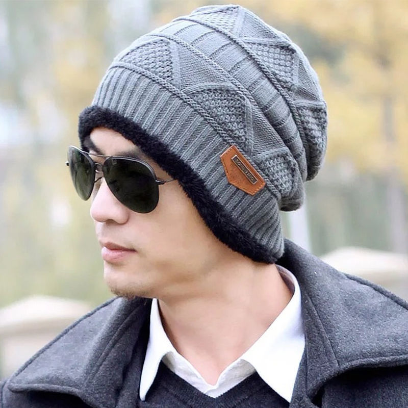 Stijl Mode Mannen Patchwork Winter Warm Haak Knit Baggy Beanie Wol Schedel Hoed Ski Cap Sjaal Set: Grijs
