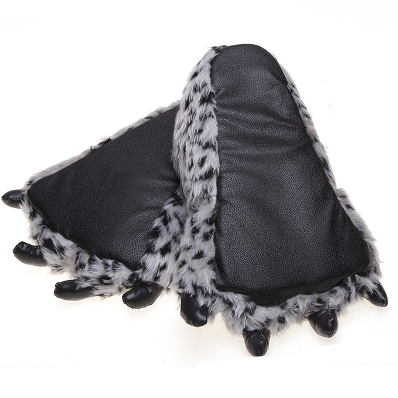 Zapatillas de interior con pata de oso para hombre y mujer, pantuflas suaves y cálidas de felpa con estampado de leopardo y garra de monstruo