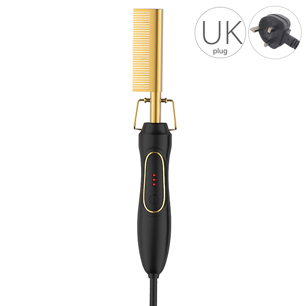 Multifunction Hair Straightener Flat Irons Wet Dry Use Brush Comb Heating Hair Straight Styler Curling Iron Hair Curler Comb: UK Plug Gold