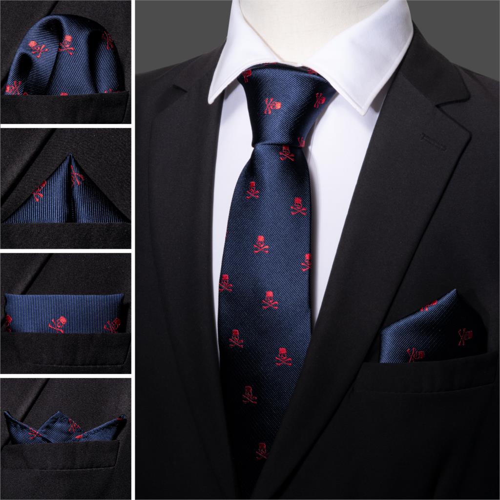 Red Skull Men Tie Set 8.5cm Silk Handkerchief Ties For Men Wedding Business Barry.Wang Gravata Necktie