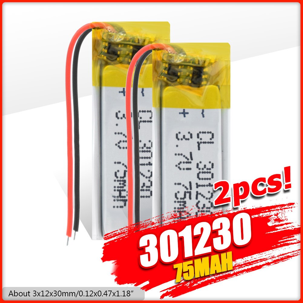 Bateria esperta do polímero do lítio da pulseira de mp3 para a gravação bluetooth da pena bateria de lítio da pilha 3.7v lipo 301230 75mah para o fone de ouvido: 2PCS