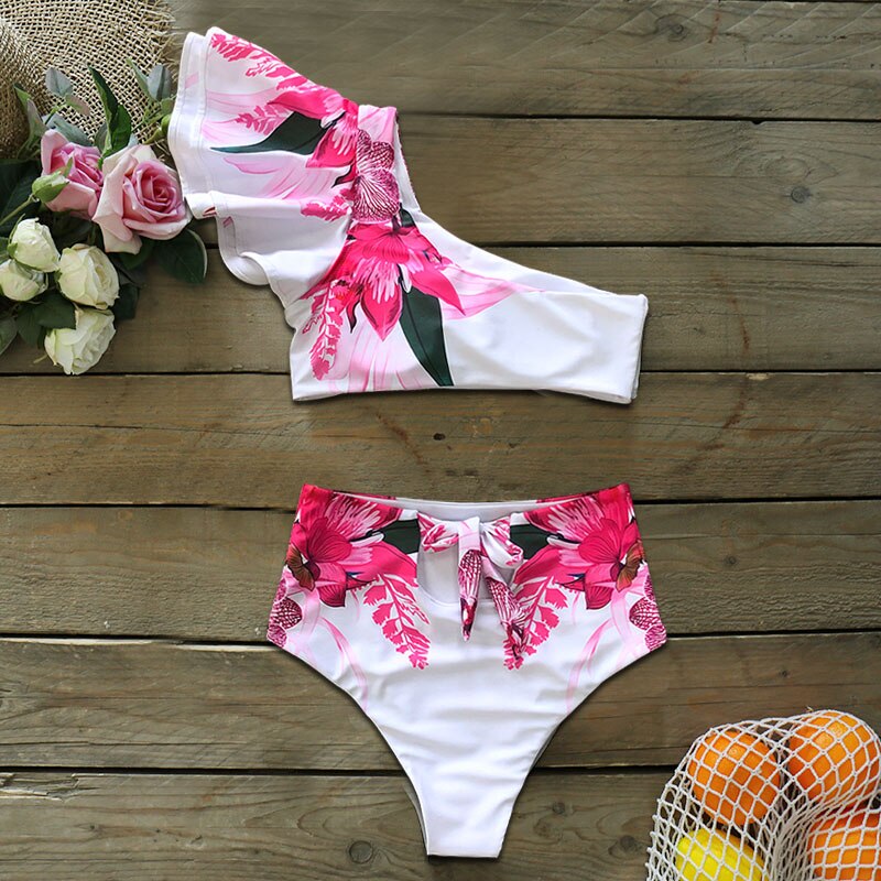 Een Schouder Badpak Print Bikini Braziliaanse Bikini Set Hoge Taille Badpakken Badpak Zomer Beachwear