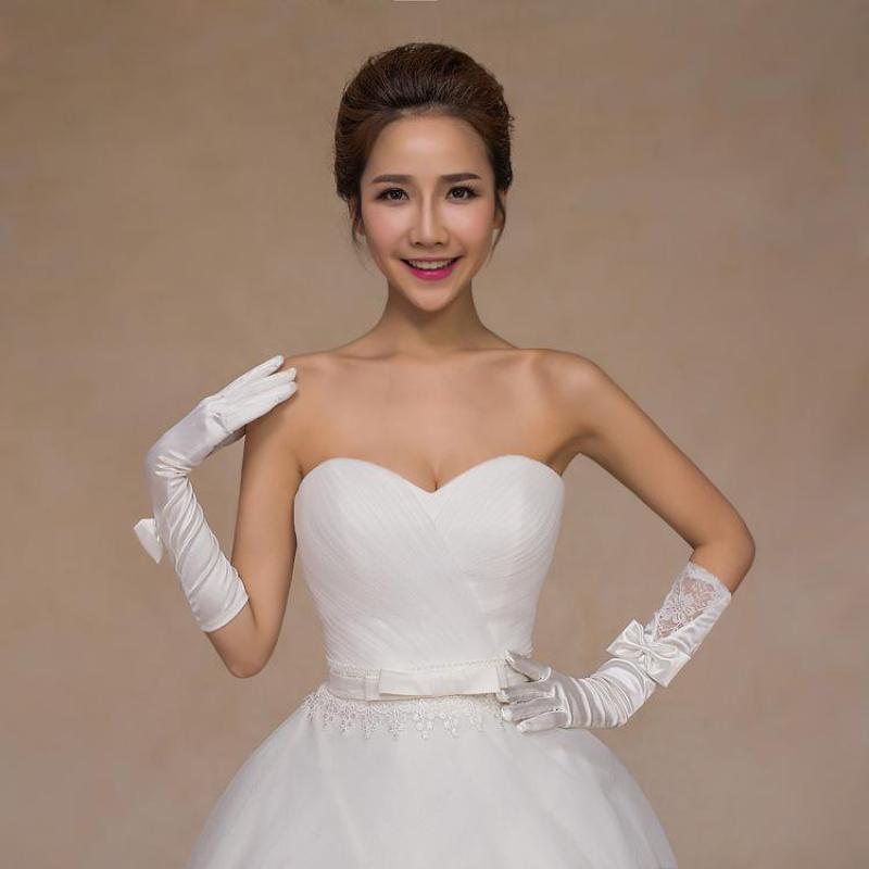 Accesorios De boda guantes largos De novia De encaje blanco De satén dedos completos guantes De boda con lazo Luva De novia