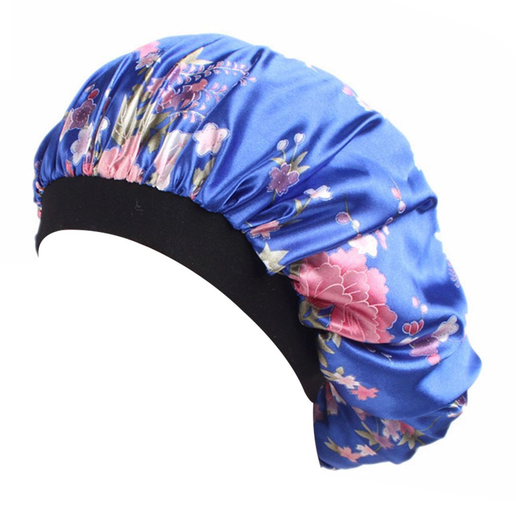 Bonnet de nuit en Satin pour adultes, unisexe, à larges bords, à fleurs, pour printemps, automne et hiver: sapphire