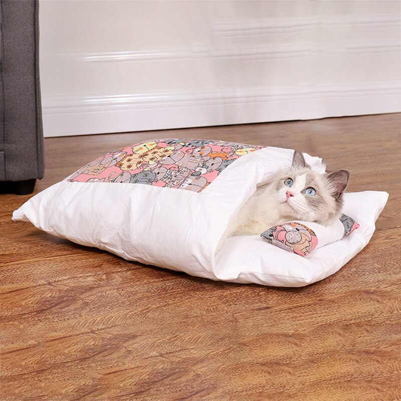 1pc Cute Cat Sleeping Bag Cat Winter Warm Mat Pet Kennel Dog Mat Thickening Sleeping Bag Nest Pet Closed Removable Washable