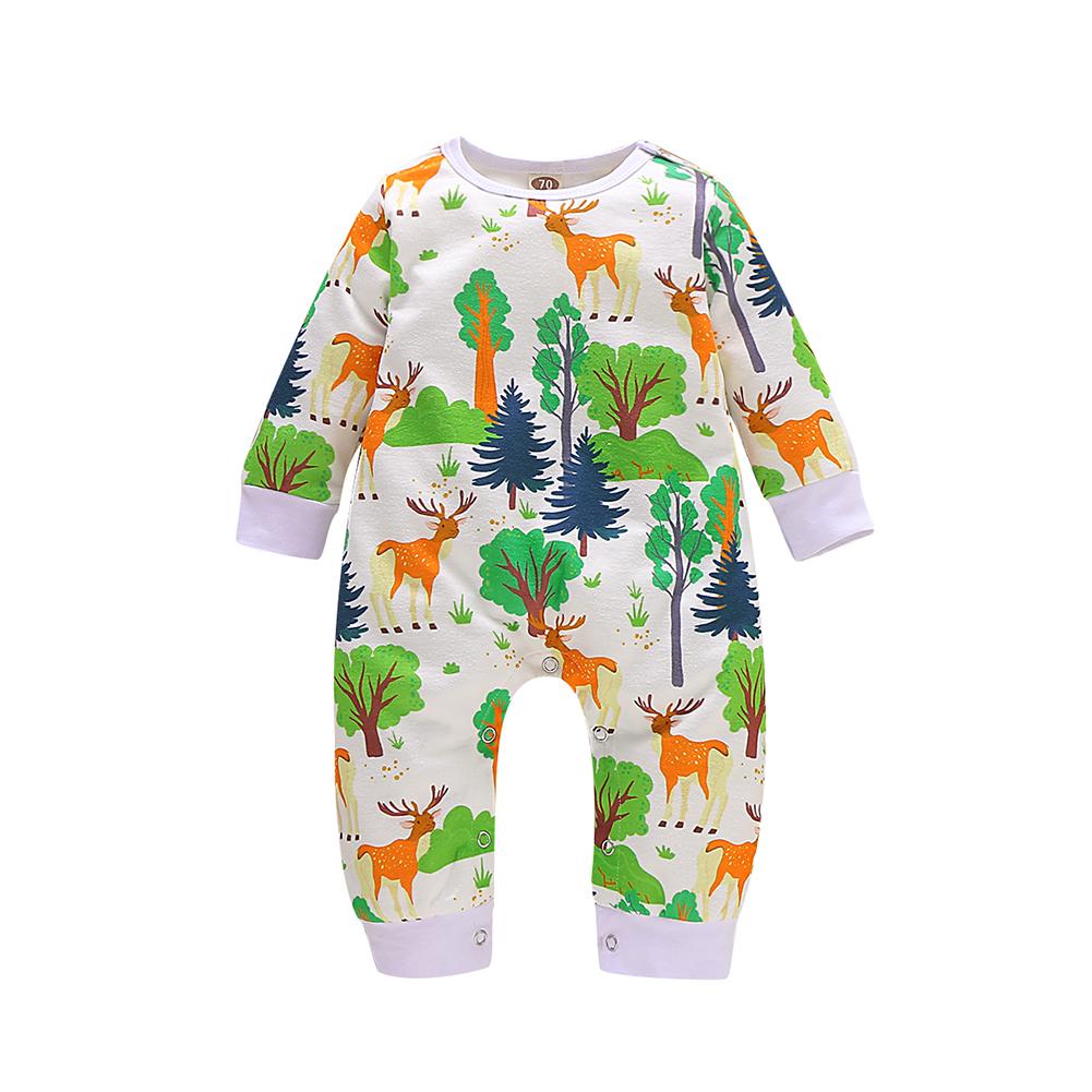 Mooie Katoen Peuter Baby Jumpsuits Ronde Kraag Lange Mouw Cartoon Dieren Planten Print Jongens Meisjes Sunsuit Casual Homewear: Green B / 6m