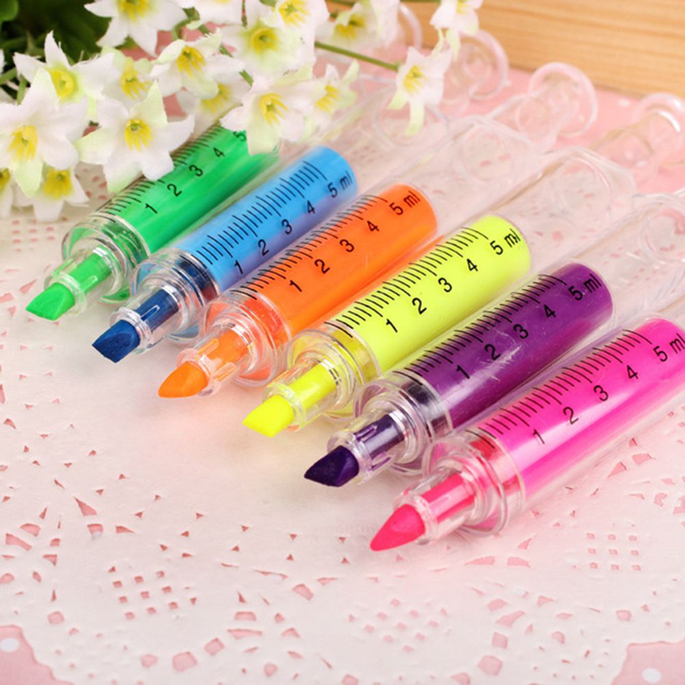 6 stk/parti farve sød nyhed sygeplejerske nål sprøjteformet highlighter markør pen skoleartikler papirvarer