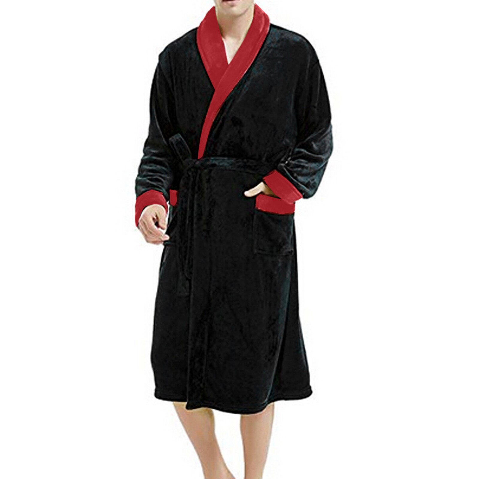 Men's Winter Robe Lengthened Plush Shawl Cashmere Robes Bathrobe Home Dressing Gown Clothes Long Sleeved Robe Coat bata hombre: Black / S