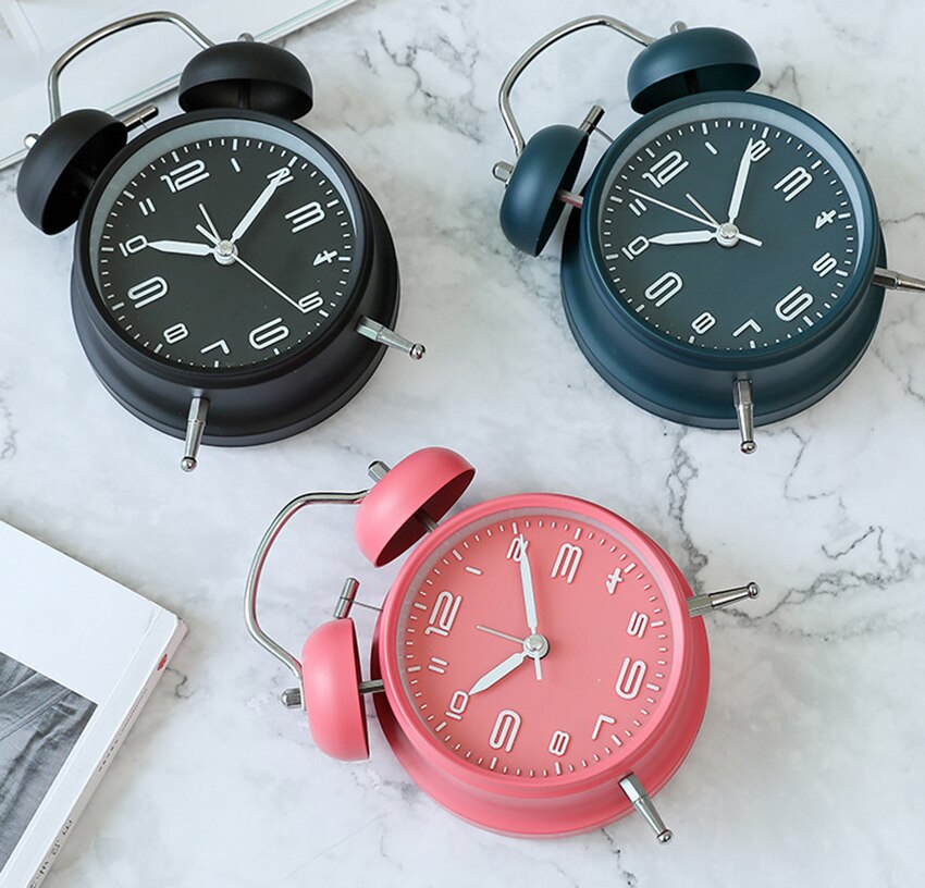 Metal Double Bell Alarm Clock with Stereoscopic Dial, Night Light, Battery Operated Matte Loud Alarm Clock for Deep Sleepers