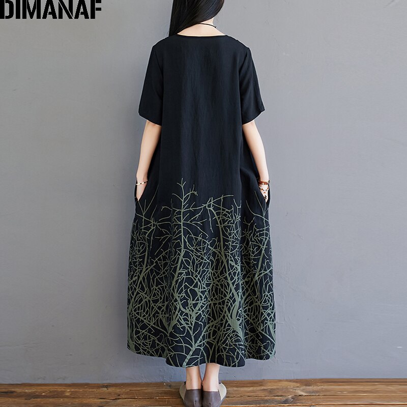 Dimanaf plus size vestido feminino elegante do vintage impressão senhora vestido estilo chinês algodão roupas femininas verão vestido maxi