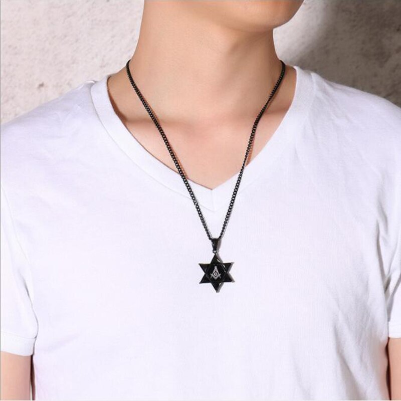 Freemason Masonic Black Hexagram Pendant with Stainless Steel Chain Necklace For Men Hip Hop Style Best Friend Choker