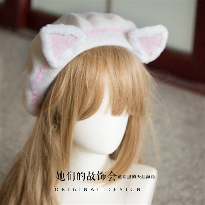 Mori Girl-boinas planas con orejas de gato para mujer, gorro de pintor de lana, Vintage, cálido, para Otoño e Invierno: 06