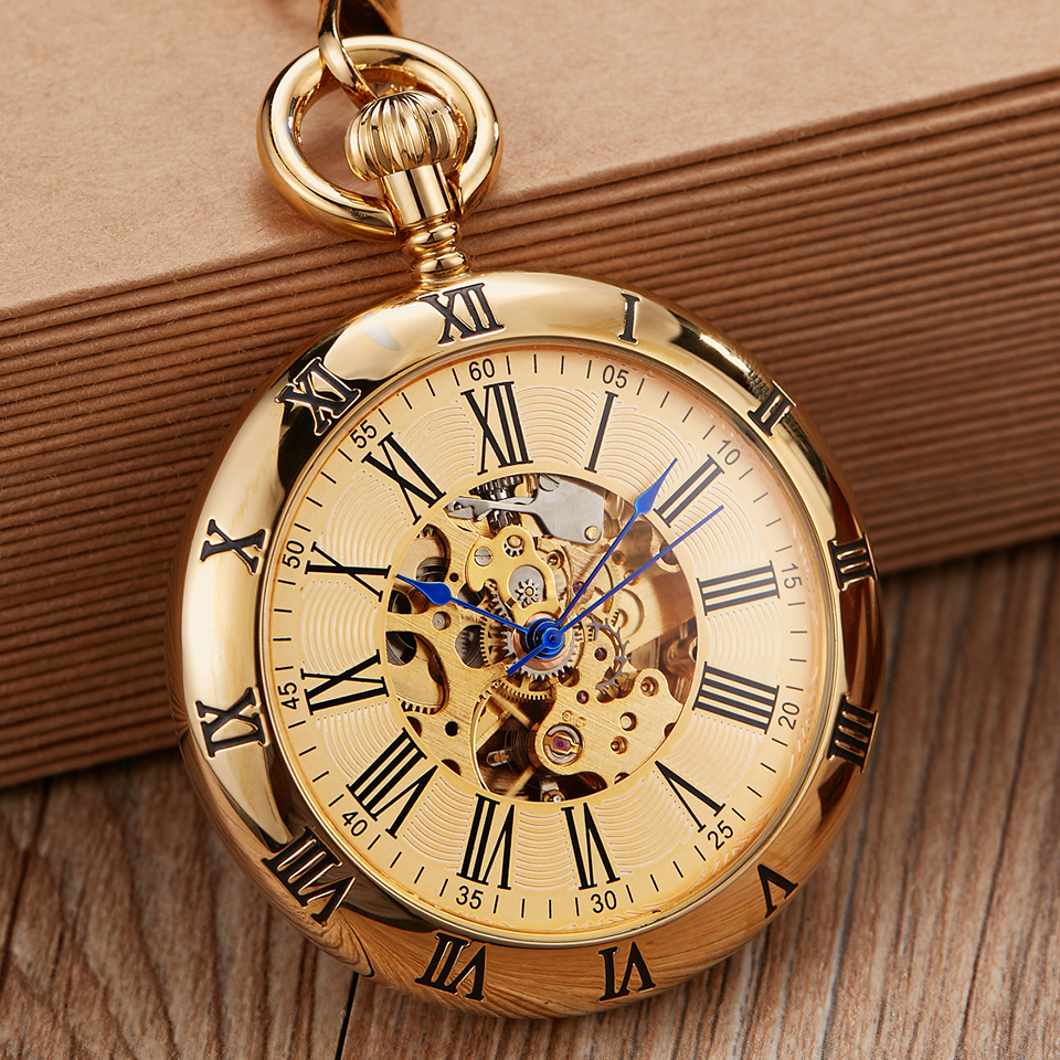 Luksus guld automatisk mekanisk lommeur retro kobber ure romertal cob vedhæng mænd kvinder reloj de bolsillo