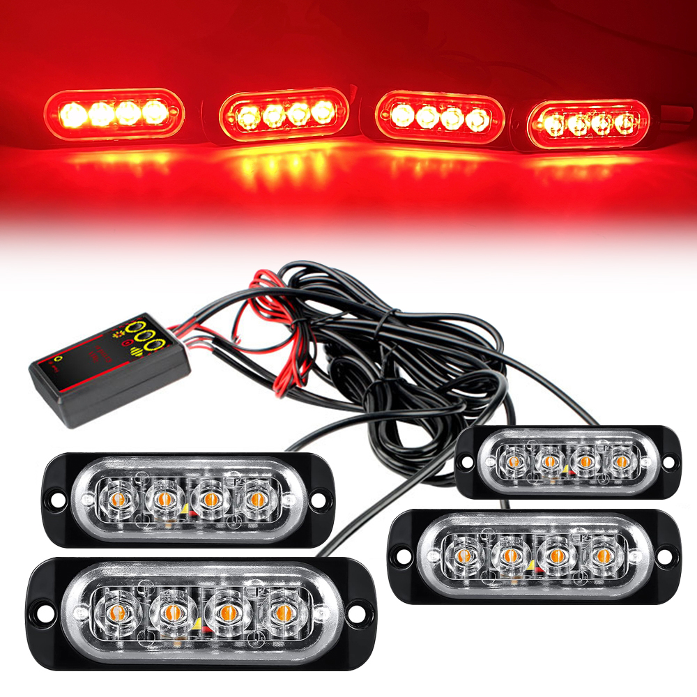 Luz LED para parrilla de coche 4 en 1, luces LED de advertencia intermitentes, barra, camión de bomberos, motocicleta, policía, lámpara de emergencia, lámpara para remolque SUV, 12/24V: RGB
