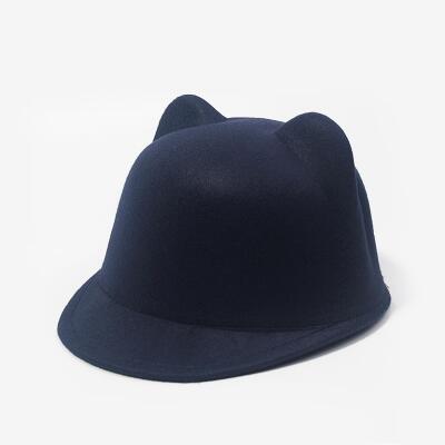 SUOGRY Mother daughter felt fedora hat child adult solid color cat ears short brim hat for women men equestrian knight caps: Navy Blue / Adult size
