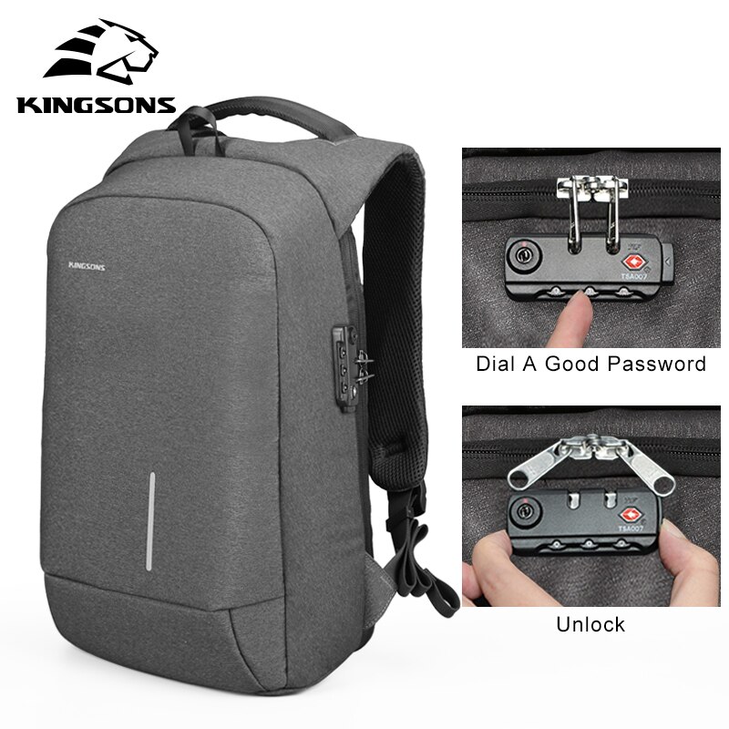 Kingsons Men Women Small Backpack 13''15'' Laptop Bags Bookbag School Bags USB Charging Anti-theft Lock Phone Sucker Luxury: Dark Gray Lock