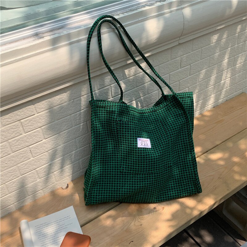 Koreaanse Stijl Grote Tote Tas Vrouwen Houndstooth Wollen Schoudertas Dames Handtassen Student Grote Boek Shopper Bag Bolsa mujer: Dark Green