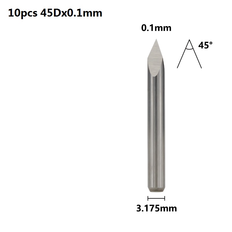 Xcan 3 Rand Piramide Graveren Bits 10 Stuks 20/30/40/45/60/90 Graden Tip 0.1-0.3Mm 3.175Mm Shank Cnc 3D Frees: 10pcs 45Dx0.1mm