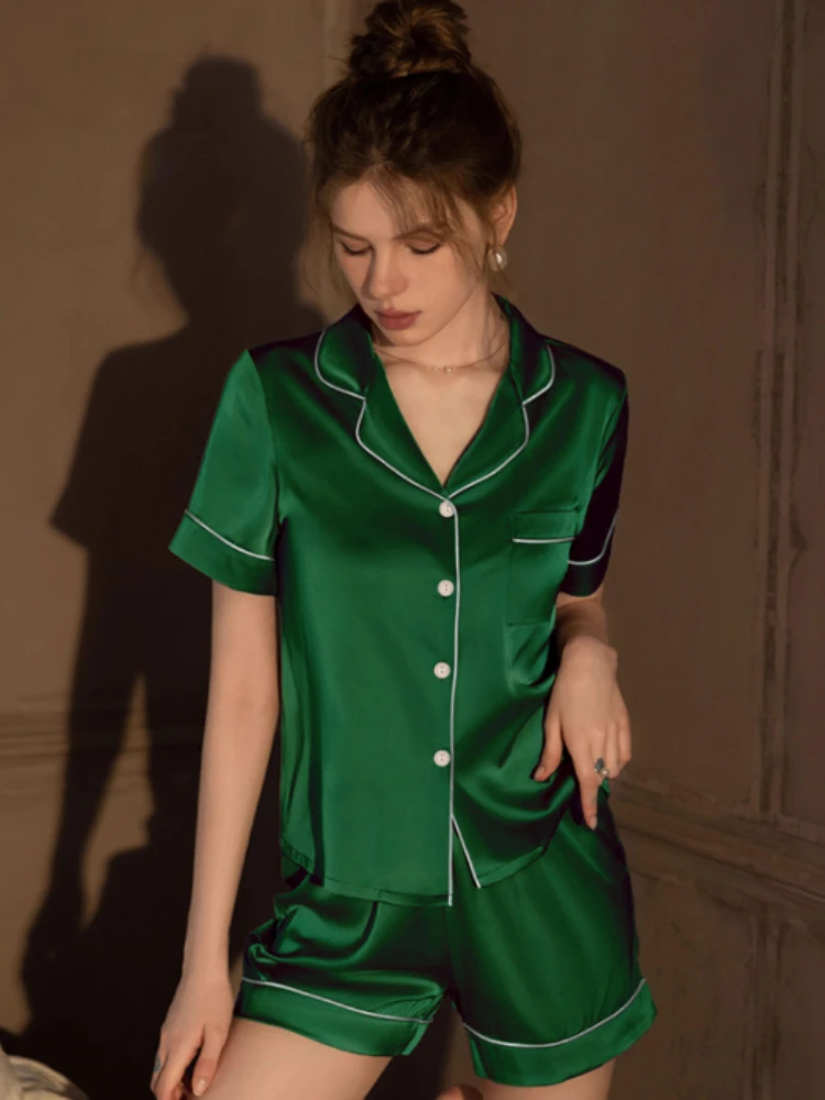 Summer Blue Women's Pajama Set Faux Stain Sleepwear V-neck Pyjama Button Top Shorts Slim 2-piece Female Nightgown Loungewear
