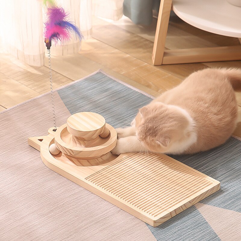 3 In1 Solid Wood Cat Scratcher Turntable Cat Scratch Board with Tracks Spinning Balls Wear-Resistant Cat Interactive Toy