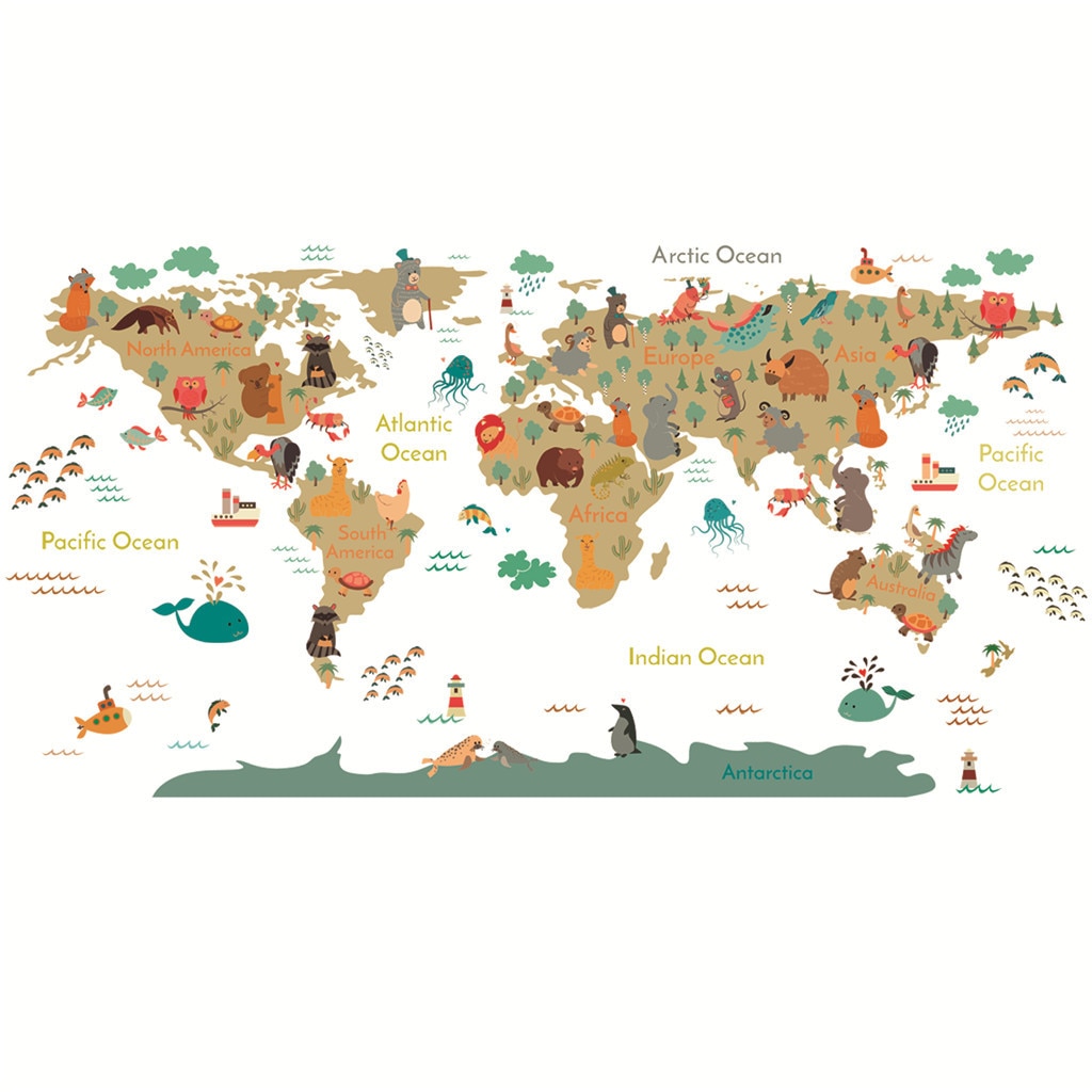 Cartoon animal world map Wall Sticker DIY Wallpaper Kids Room Home Decor Wall Decals Bedroom Decorative Nursery Poster