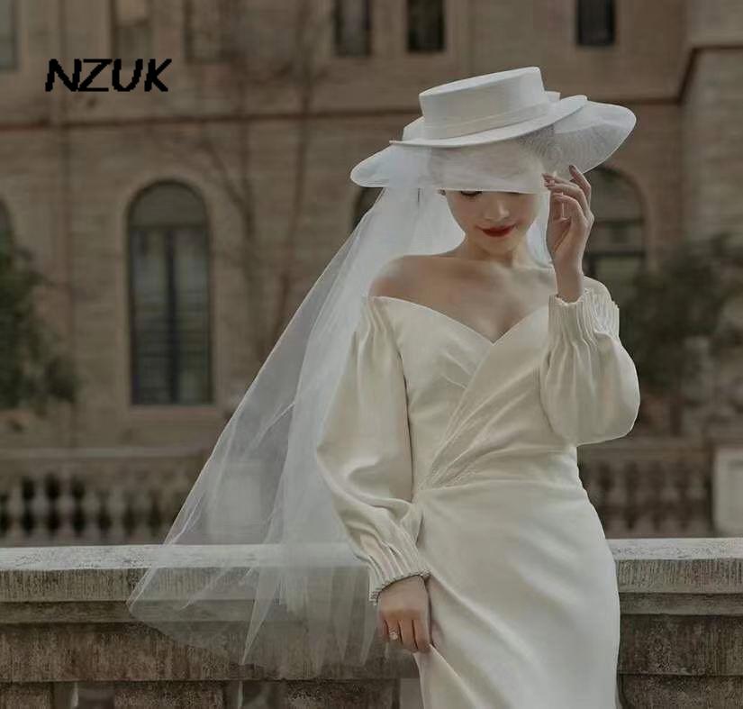 NZUK – chapeau de mariage à large bord pour femme, avec nœud Long, maille, fête d'église britannique, formel, mariage de luxe