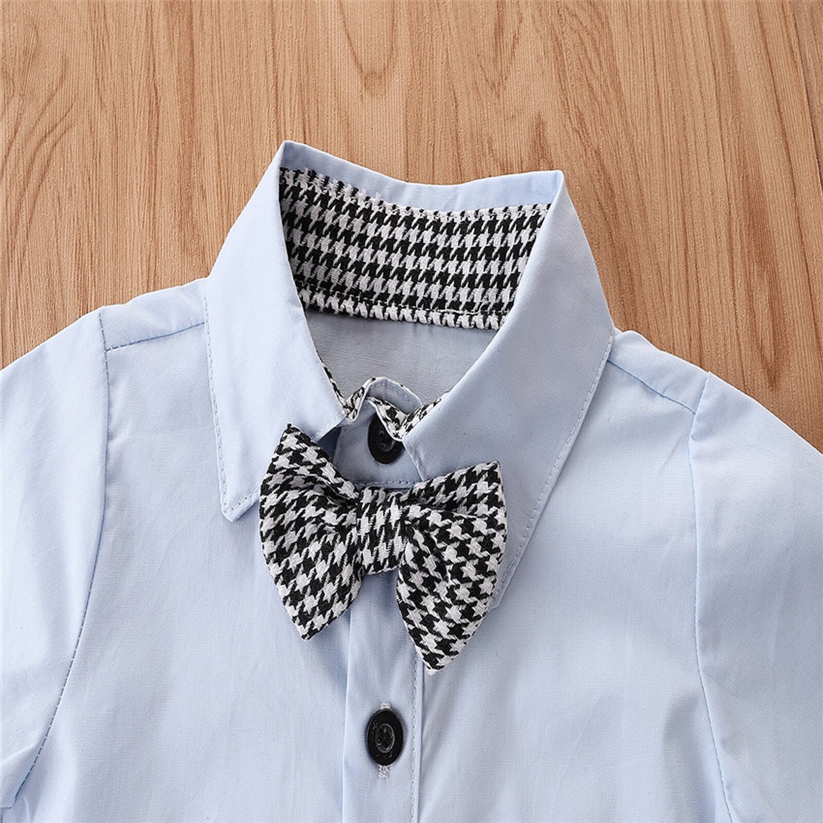 2 Pcs Infant Houndstooth Print Outfits Baby Boy Button Down Short Sleeve Lapel Bowknot Shirt + Suspender Pants with Pocket 6M-4T
