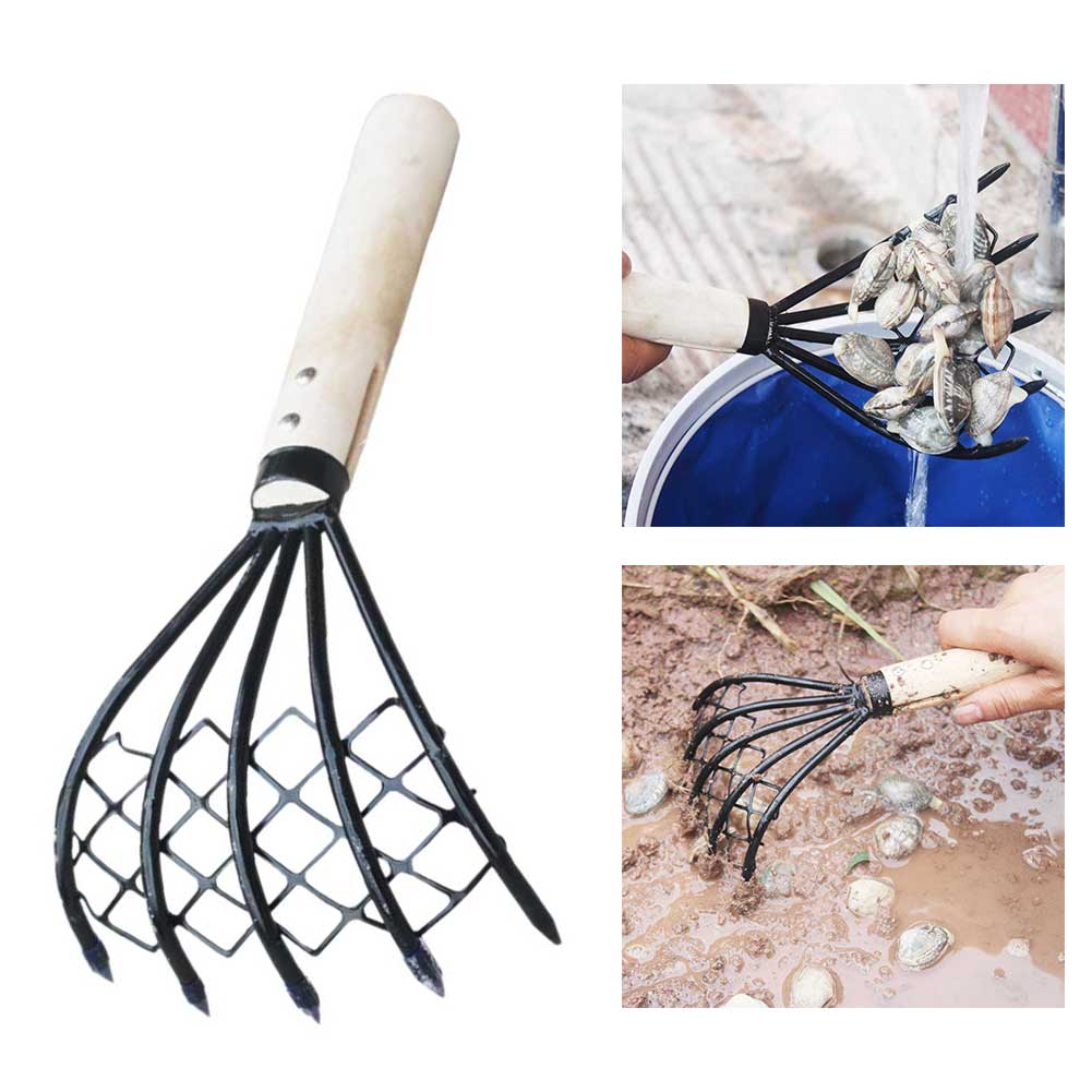 Rastrillo de almejas para el jardín, 5 accesorios de garra con Red para excavación de mariscos, concha de playa, herramienta útil con mango de madera