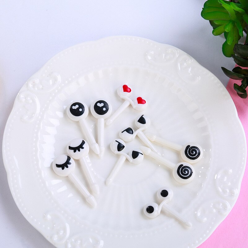 10pcs/set Mini Fruit Fork Eye Cartoon Expression Plastic Fork Fruit Toothpick For Children Fork Dessert Prikkers