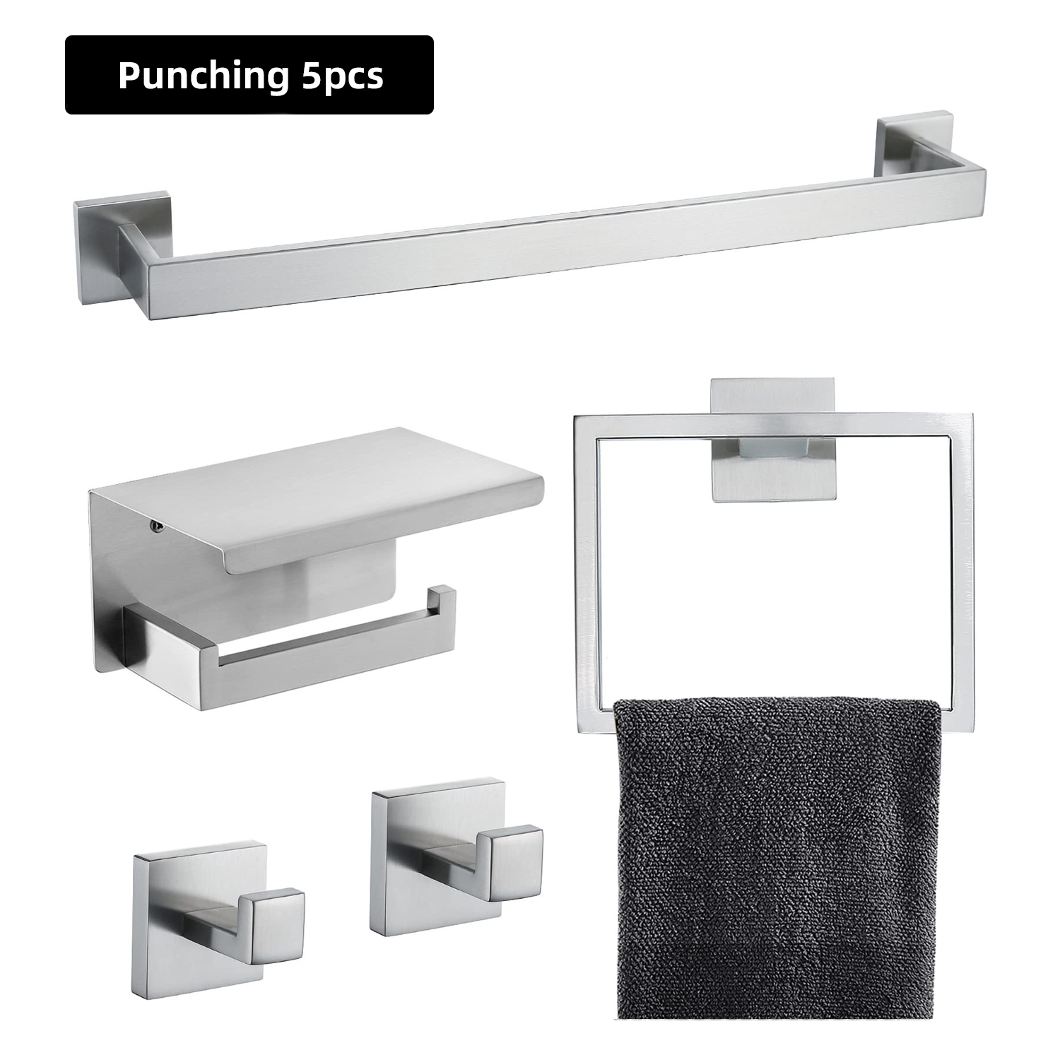 Conjunto de ferragens para banheiro Conjunto de acessórios de banheiro de aço inoxidável Montado na parede Barra de toalha Anel de toalha Suporte para rolo de papel higiênico: Cinza claro