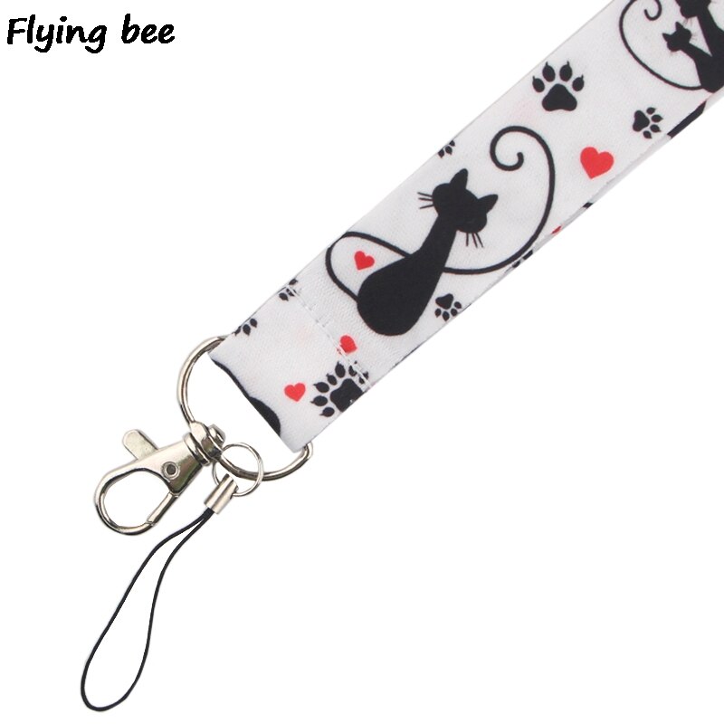 20 stuks/partij mooie schattige katten lanyard zwarte katten sleutelhanger sleutelhanger vrouwen riem nek lanyards voor sleutels identiteitskaart telefoon lanyard  x0370