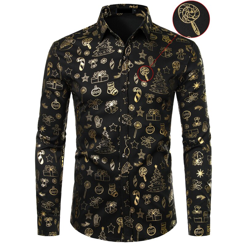 Noir noël chemise homme drôle De noël or imprimer hommes robe chemises décontracté fête bal chemise pour hommes Camisa De Navidad: Black / US Size XL