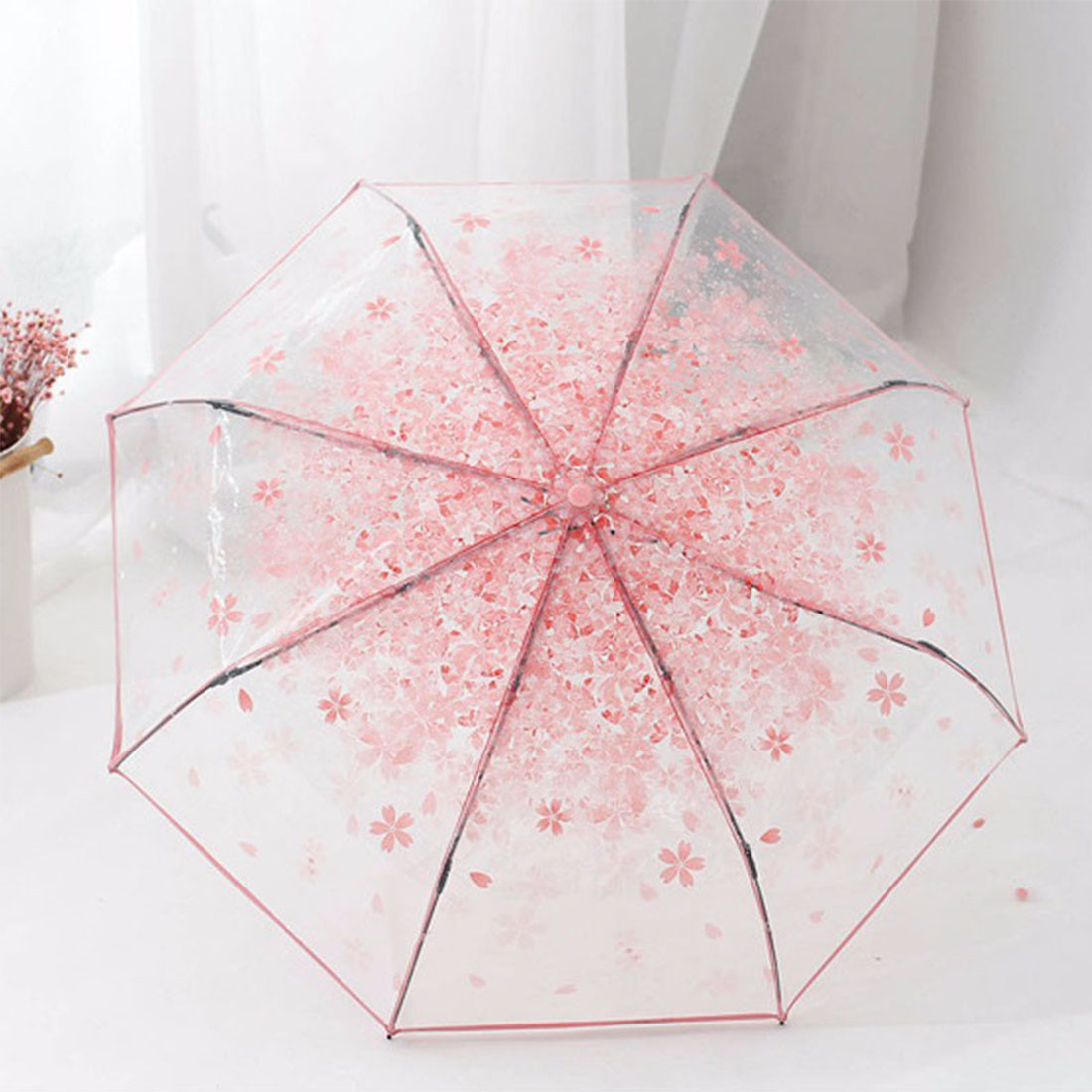 Three Fold Umbrella Women Transparent Umbrella Rain Women Umbrella 3 Folding Classic Cherry Sakura Pattern Clear Umbrella