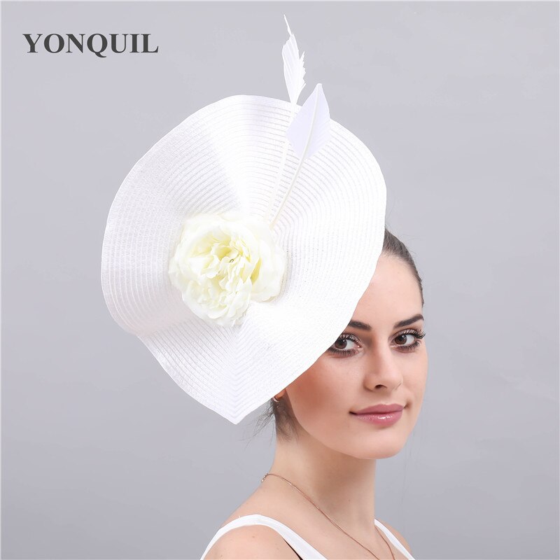 Grand chapeau de mariage blanc en paille pour femmes, Imitation, couvre-chef pour mariée, fascinateur, avec fleur à la , accessoires pour cheveux