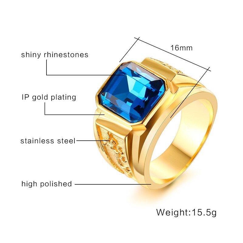 Men's Blue Rhinestone Ring with Dragon Pattern Gold-color Men Wedding Band Male Stainless Steel Jewelry anel masculino