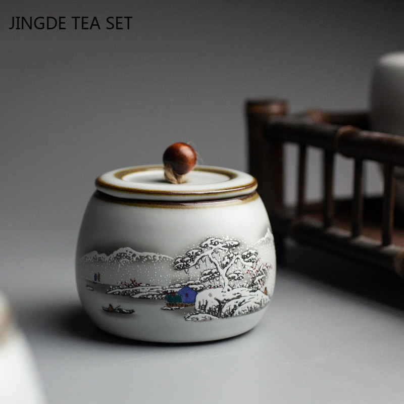 Exquisite Ceramic Tea Caddy Portable Sealed Jar Travel Tea Box Kitchen Spice Candy Storage Tank Food Container Home Decor