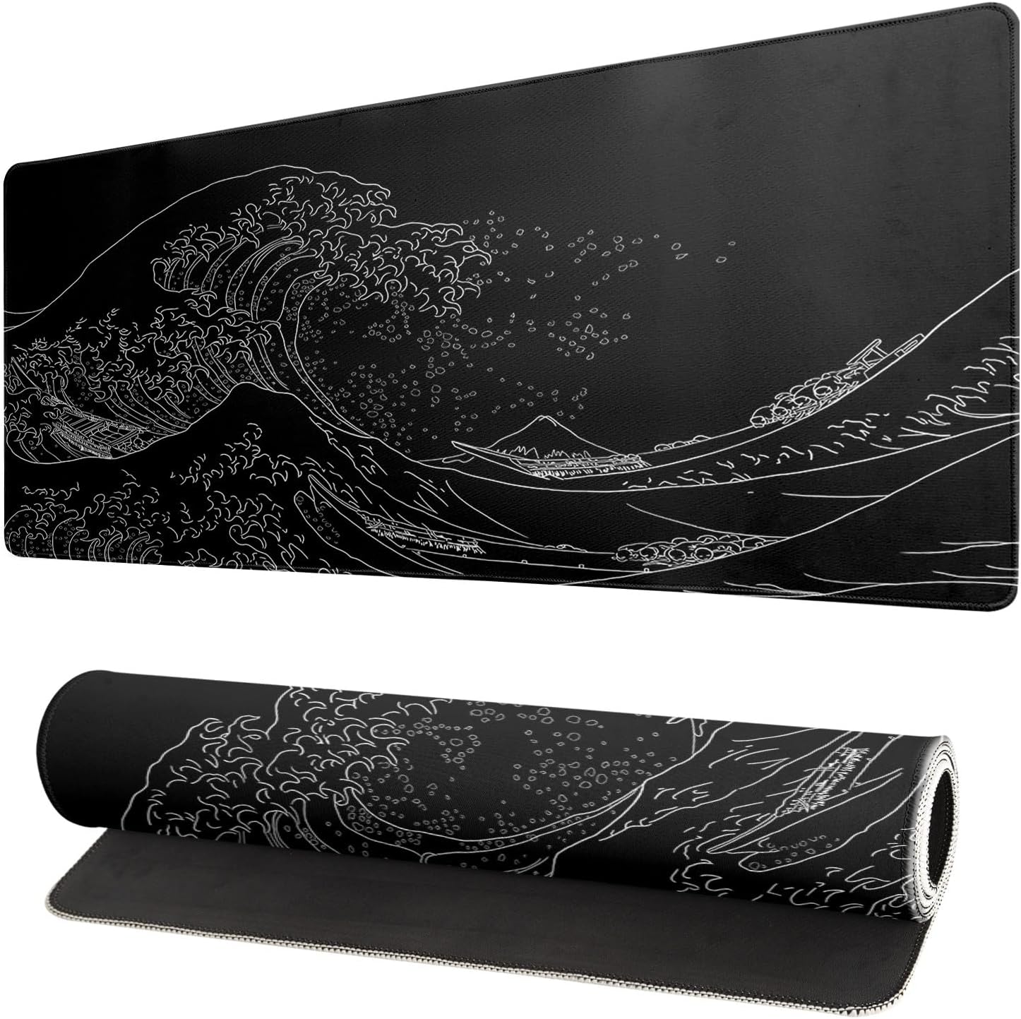 Duża podkładka pod mysz Japanese Sea Wave, czarna gra Anime, przedłużona podkładka na biurko, długa antypoślizgowa gumowa podstawa o grubości 3 mm: 90x40 cm / WHITE