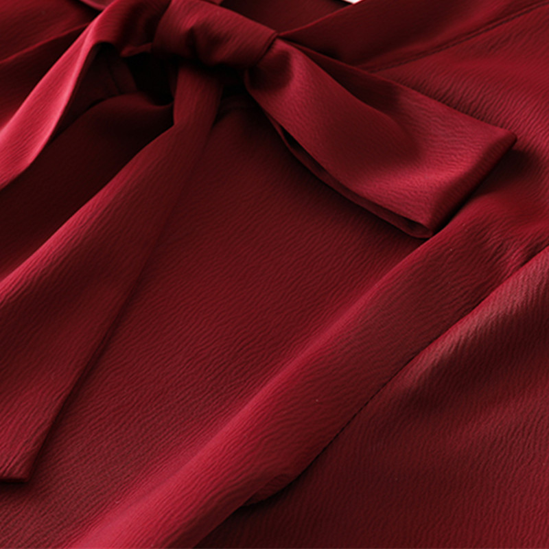 Chemise en mousseline de soie rouge vin pour femmes, à la , chemisiers à manches courtes avec nœud papillon, bureau, hauts de travail pour dames, été