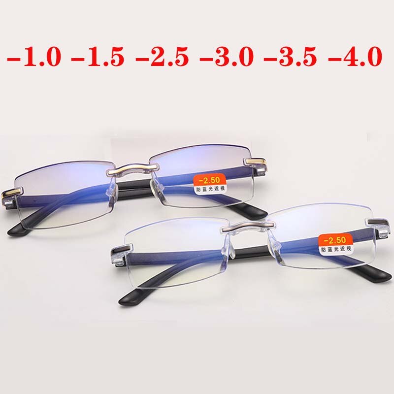 -1 -1.5 -2 -2.5 -3 -3.5 -4 Finished Myopia Glasses Anti Blue Light Rimless Eyeglasses Gold&Gray Frame Short Sighted Eyewear