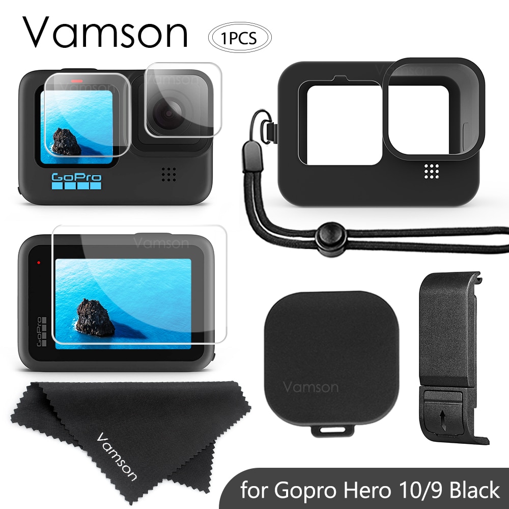 Vamson Voor Gopro Hero 10 9 Zwarte Siliconen Beschermhoes Met Gehard Glas Film Batterij Side Case Voor Gopro 10 accessoires