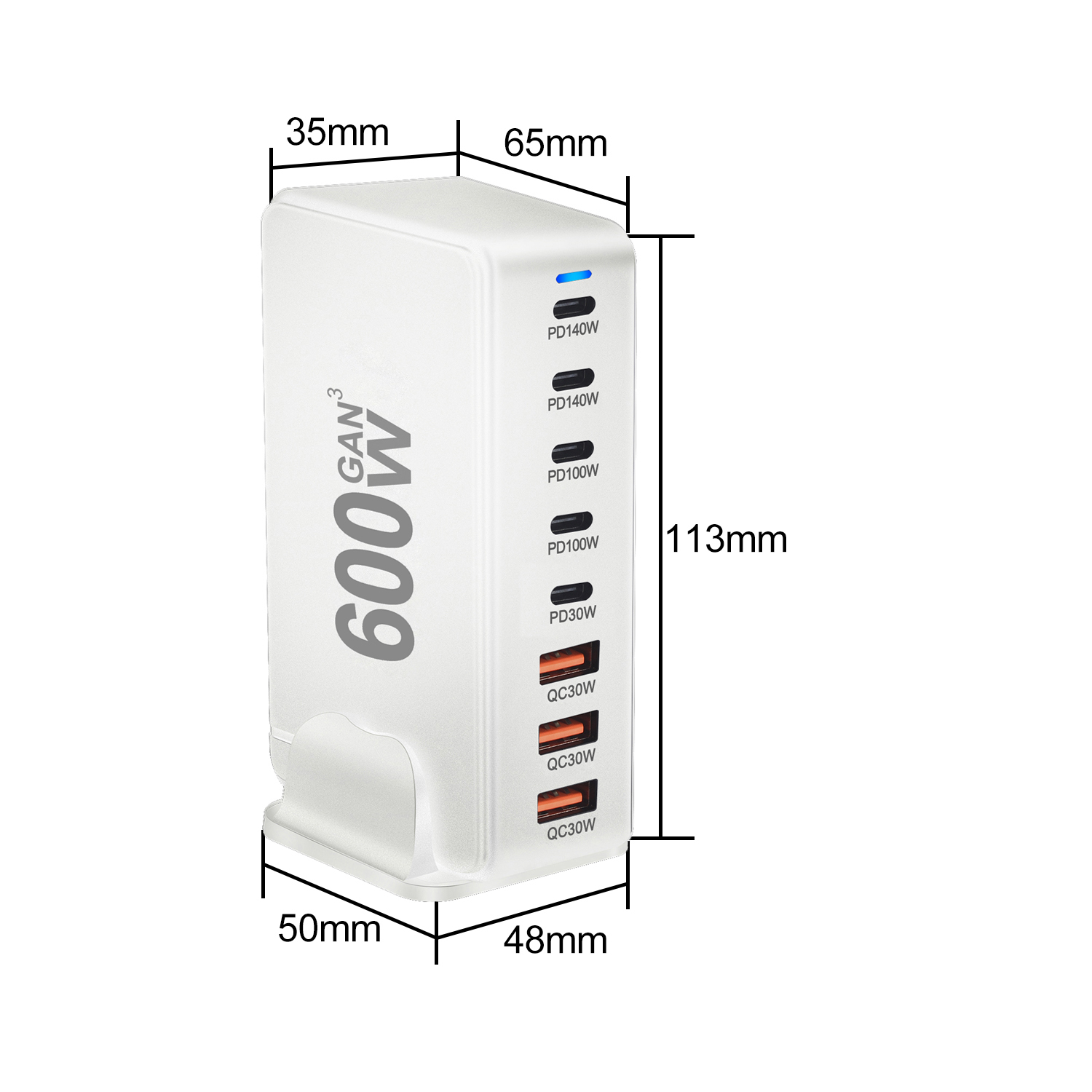 cargador rápido Gan de 600W 3,0 USB tipo C cargador móvil de 8 puertos 5C3A PD conveniente para llevar cargador de tableta