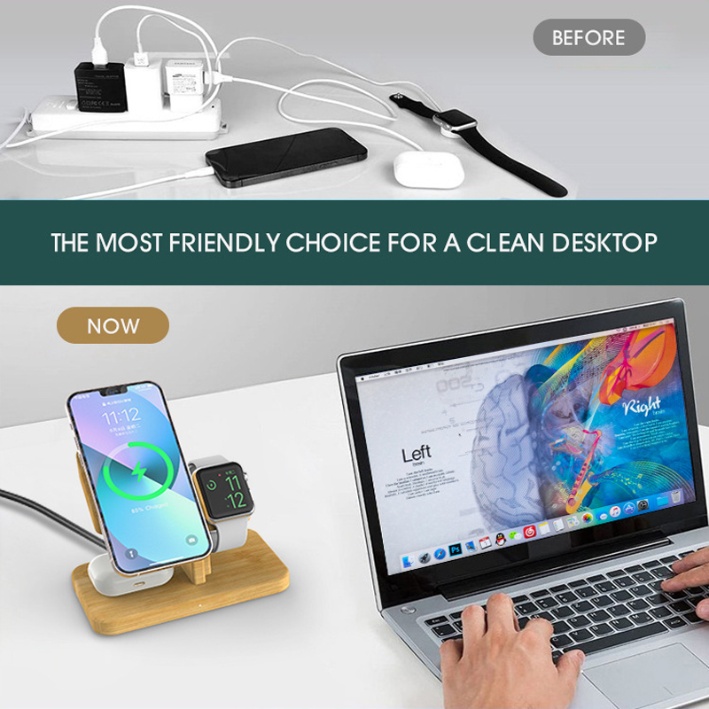 Bamboo 3 in 1 iPhone Wireless Charging Station 15W Charger Stand Dock for iPhone 14/13/12/11 iWatch se7/6/5/4 Airpods 4/3/2