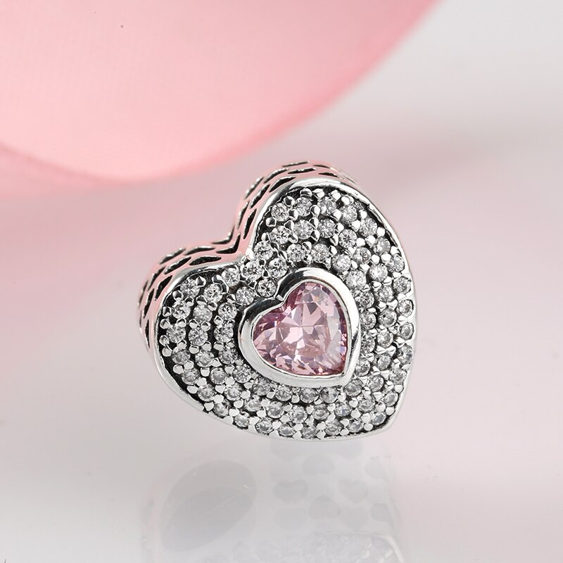 925 Sterling Silver pink Layers heart CZ beads Fit Original JIUHAO Charm Bracelet Jewelry making Valentine's Day