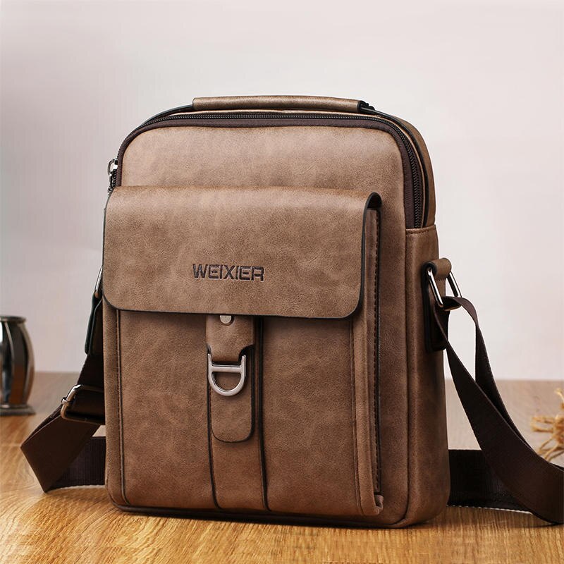 Mode PU Leer Mannen Schoudertas Toevallige Rits Kantoor Messenger Bags: Khaki