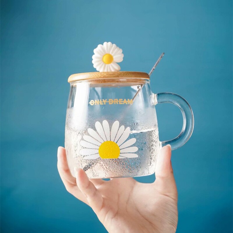 Cute Pastoral Style Glass Cups with Milk Breakfast Mug Office Flower Tea Cup Cold Drink Juice Mug: Half a Big Daisy