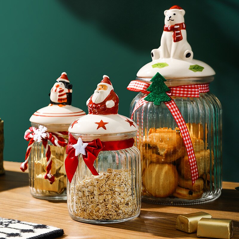 Christmas Glass Storage Jars with Cute Ceramic Lid Airtight Candy Nuts Storage Container Sealed Canisters Pantry Food Organizer