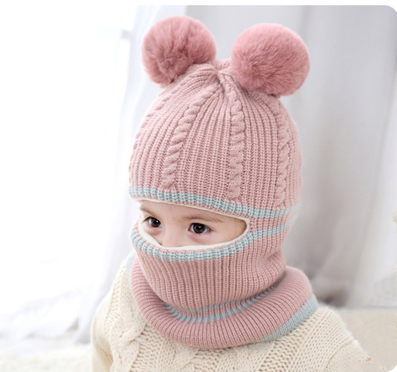 Doitbest 2-6 Y Winter hat for kids beanies two Fur hairball boys Beanie Child knit hats Protect face neck kid girls Earflap Caps: Pink