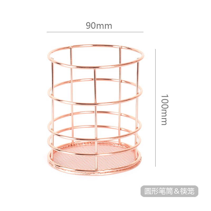 Rose Gold Metal Desktop Storage Baskets Makeup Organizer Eyeliner Brush Set Storage Chopsticks cage Pen Holder Jewelry Storage: c
