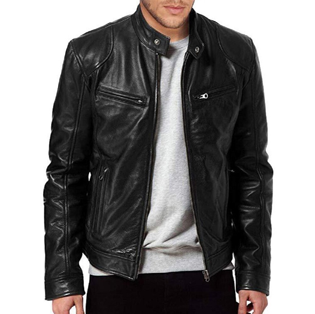 Elegante uomo autunno manica lunga colletto alla coreana ecopelle cerniera giacca da moto giacca da uomo in tinta unita stile moto