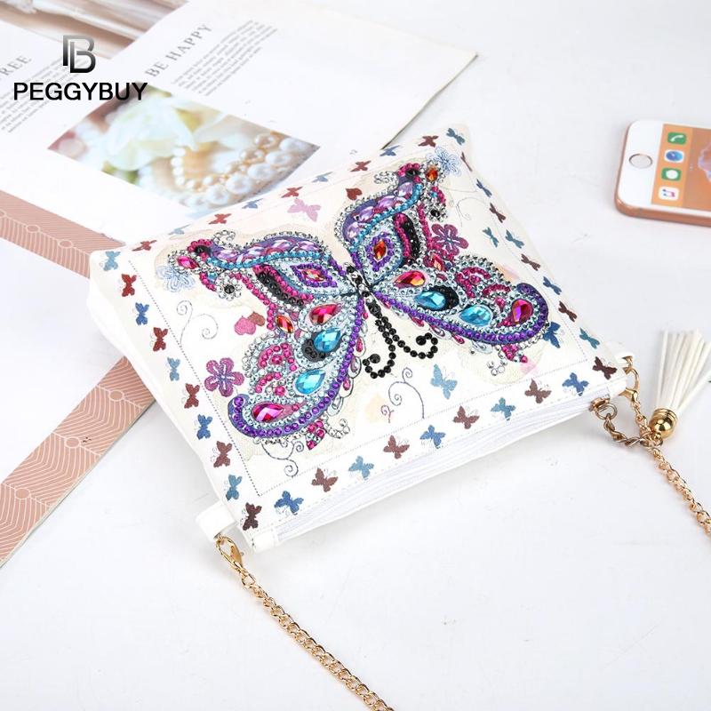 5d diy especial em forma de pintura diamante couro do plutônio crossbody sacos de embreagem corrente diy artesanato bordado flor pavão carteira